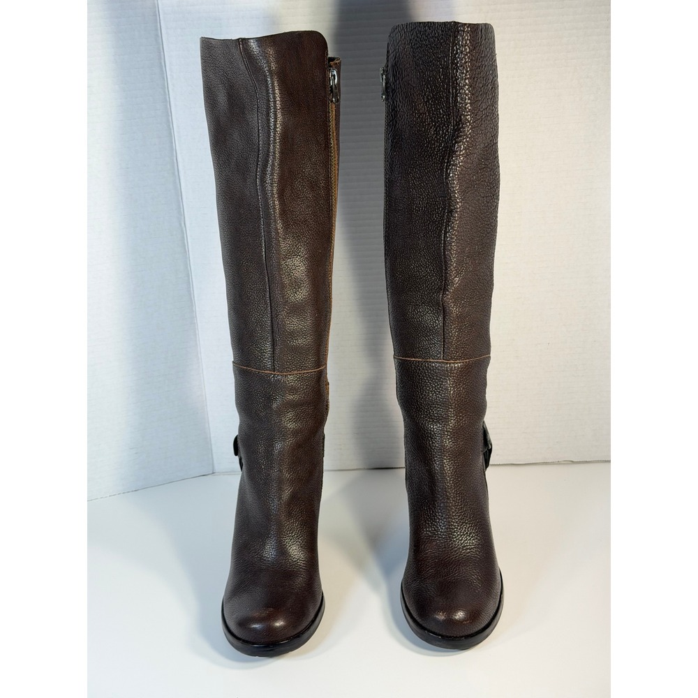 K42506 Women Brown Pebbled Leather Harness Tall Knee High Block Heel Boots 7.5M